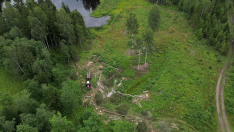 Picking-up-wood,-land-clearing-machine,-top-down-aerial-view-deforestation