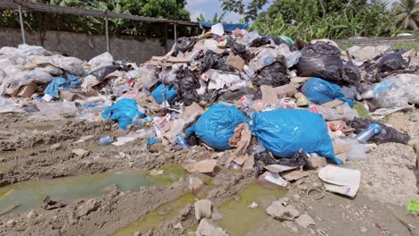 Lateral-panning-of-an-urban-landfill-on-a-sunny-day,-capturing-dirty-water,-wasted-plastics,-an-abandoned-container,-trees,-and-clouds-in-the-sky