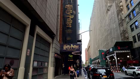 Vertical-Banner-of-Harry-Potter-and-the-Cursed-Child-at-Lyric-Theatre,-NYC---Downward-Tilt