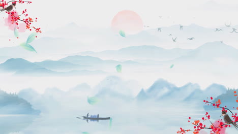 Mysterious-landscape-China's-traditional-Oriental-Digital-Art-animation,-Chinese-retro-painting-ink-misty-mountain-with-flowers,-tree,-birds,-river-in-fog-background