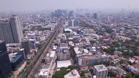 Bangkok-thailand-busy-city-and-skyline-showcasing-the-lat-prao-area-of-northern-Bangkok,-Thailand-shot-from-a-Birds-Eye-view