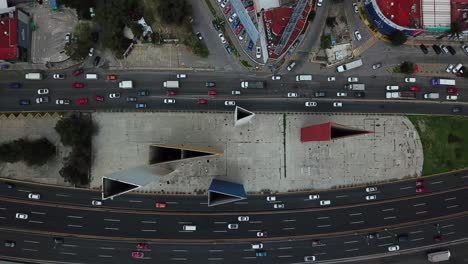 Top-down-shot-of-the-core-of-the-Satelite-towers-in-the-state-of-Mexico,-adjacent-to-Mexico-City