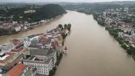 Aerial-of-flooded-German-city-Passau-Danube-Inn-river-high-tide