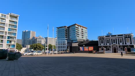 Inner-city-residential-apartment-blocks-and-Circa-Theatre-next-to-Te-Papa-Museum-in-capital-city-of-Wellington,-New-Zealand-Aotearoa