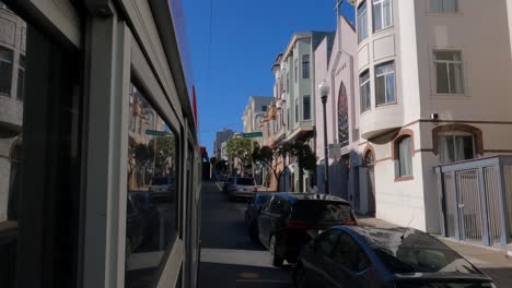 San-Francisco-USA,-Moving-Bus-on-Mason-Street,-Driving-Uphill,-Point-of-View