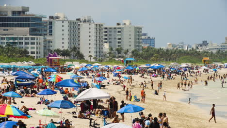 Las-Sombrillas-Cubren-La-Playa-De-Miami-Con-Hoteles-Al-Fondo.