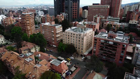 Backward-shot-of-buildings-and-street-around-the-city-of-Bogota,-Colombia