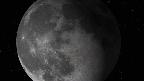 Zoom-Rápido-A-La-Luna-Con-La-Cápsula-Orion-Artemis-Orbitando-Arriba-Con-Fondo-De-Estrellas---Animación-Cgi-3d