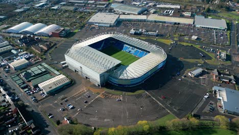 Aerial-reveal-view-over-Cardiff-city-stadium-home-ground-Leckwith-Welsh-cityscape