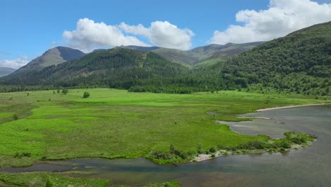 Flying-over-lake-shore-towards-forested-mountains