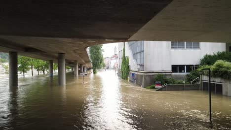 Flooded-bridge-Passau-German-city-center-downtown-river-high-tide