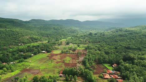 Pequeño-Pueblo-En-Un-Bosque-Verde-A-Vista-De-Pájaro-En-Konkan