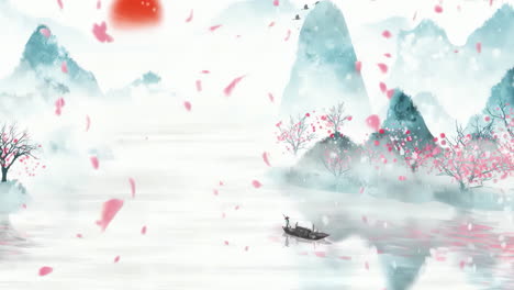 Digitale-Kunst-Im-Alten-Chinesischen-Stil,-Tuschelandschaft-Mit-Fallenden-Schneeblütenblättern-Am-Schönen-Morgenhimmel,-Bergen,-Blumen,-See,-Altem-Haus-Mit-Einfacher-Animation-Im-Japanischen-Anime-Aquarellstil