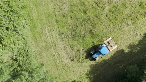 Top-down-aerial-view-of-a-tractor-using-a-grass-topper-to-create-silage