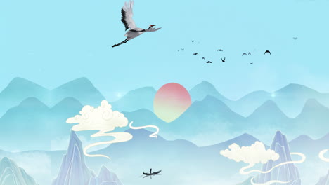 Mysterious-landscape-China's-traditional-Oriental-Digital-Art-animation,-Chinese-retro-painting-ink-misty-mountain-with-flowers,-tree,-birds,-river-in-fog-background