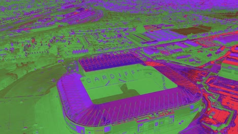 Mit-Blick-Auf-Das-Cardiff-Millennium-Stadium,-Thermische-Infrarot-Luftaufnahme-Mit-Analyse-Der-Wärmesignatur