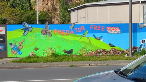 Mural-Libre-De-Depredadores-Que-Protege-Aves-Nativas-Y-Especies-De-Reptiles-En-La-Península-De-Miramar-En-La-Ciudad-Capital-De-Wellington,-Nueva-Zelanda-Aotearoa