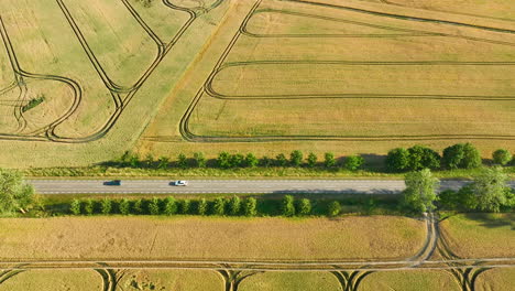 Aerial-shot-of-a-rural-road-flanked-by-wheat-fields,-with-visible-tire-tracks-forming-geometric-patterns,-showcasing-agricultural-landscape