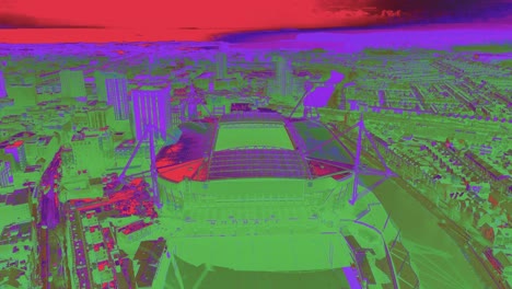 Cardiff-cityscape-Millennium-stadium-thermal-infrared-aerial-rising-view-analysing-heat-signature