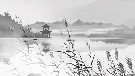 Peaceful-nature-Traditional-Chinese-style-ink-landscape-clouds-and-fog-background-Painting-of-beautiful-calm-trees,-mountains,-flowers,-lake,-water,-birds,-blue-sky,-boat,-cherry-blossoms-season