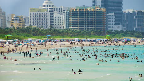 Miami-Beach-Florida,-with-Large-Hotels-and-Palm-Trees-in-Background