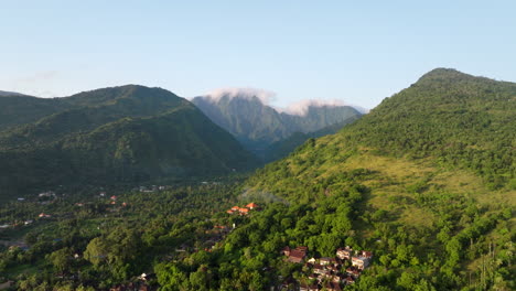 Lush-Indonesian-idyllic-landscape,-tropical-island-location,-aerial