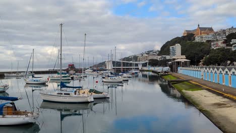 Puerto-Deportivo-Chaffers-Con-Coloridos-Cobertizos-Para-Barcos,-Yates-Y-Casas-Residenciales-Con-Vistas-Al-Agua-Del-Océano-En-La-Bahía-Oriental-En-Wellington,-Nueva-Zelanda-Aotearoa