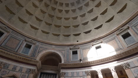 Pan-Up-Reveals-Pantheon's-Famous-Dome-and-Oculus-on-Sunny-Day-in-Rome,-Italy