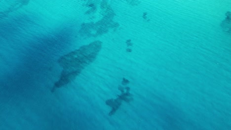 Drone-shot-facing-down-on-clear-blue-ocean,-revealing-coral-and-rock-in-shallow-water