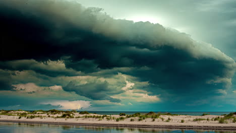 Thunderstorm-over-a-sea-and-beach---ominous-weather-time-lapse