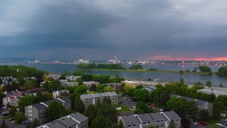 High-altitude-aerial-view-from-a-coming-storm-in-cloudy-environment-in-Montréal,-Canada