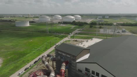 An-aerial-drone-view-of-The-Great-Wolf-Lodge-under-the-last-stages-of-construction-in-Webster,-Texas