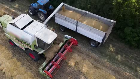 Drohne-Zeigt-Landwirtschaftlichen-Lebensmittelprozess,-Bei-Dem-Getreide-Auf-Einen-Anhänger-Transportiert-Wird