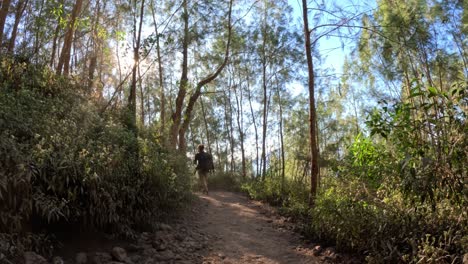 Person-Wandert-Den-Grünen-Pfad-Zum-Mount-Batur-Hinauf-An-Einem-Wunderbaren-Sonnigen-Tag-Mit-Blauem-Himmel,-Statisch-Und-Farbenfroh