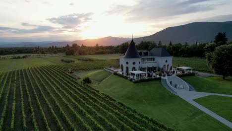 Drone-view-of-Chateau-Buera-Winery-and-Vineyards,-nestled-in-the-lush-green-mountains-near-Lopota-Lake-in-Georgia's-Kakheti-region