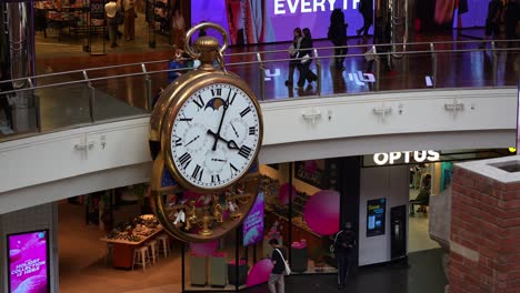 Giant-Pocket-Watch-in-Melbourne-Central,-a-marionette-display-with-Australian-galahs,-cockatoos-and-two-minstrels-performing-Waltzing-Matilda-drops-down-from-the-bottom-of-the-watch-every-hour,-part-4