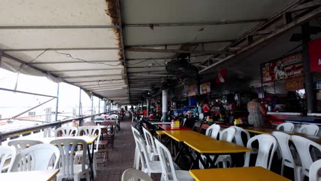 Panoramic-view-of-a-riverside-restaurant-entrance-near-Ver-o-Peso-market,-Belém