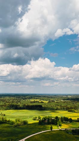 Verdant-countryside-aerial-hyperlapse.-Cloudscape-over-the-forest