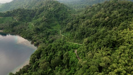 Drone-flying-over-a-lush-green-jungle-with-a-long-winding-road-along-the-coast-line