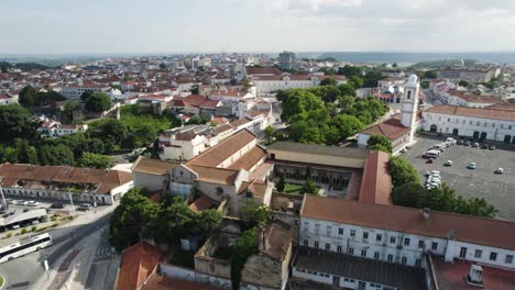 Drone-view-of-Convento-de-São-Francisco-and-surrounding-buildings-in-Santarém,-Portugal