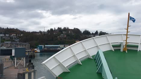 Nose-of-ferry-lowering-in-Oban-harbour-for-onwards-travel-to-the-Outer-Hebrides-in-Scotland-UK