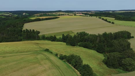 Aerial-view-of-a-beautiful-green-central-european-landscape-with-fields,-meadows-and-forests