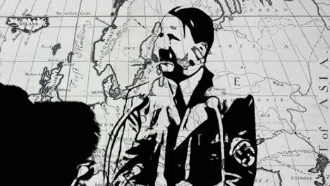 Hitler-En-Blanco-Y-Negro-Al-Estilo-Cómico-Sobre-El-Mapa-De-Europa-Y-Asia