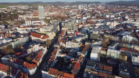 Drone-Flying-Over-City-Center-Rooftops-in-Kaiserslautern-Downtown