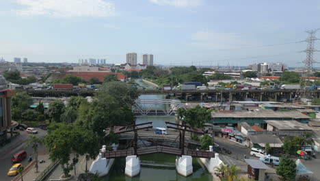 Historic-Bridge-Rail-Bridge-And-New-Bridge-All-In-Batavia-North-Jakarta-Indonesia-Drone-Rise-4K