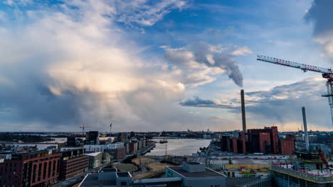 Timelapse-of-blizzard-clouds-rolling-over-the-Helsinki-skyline,-spring-evening