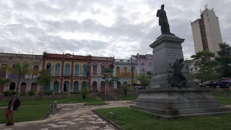 Experience-the-panoramic-view-from-Praça-Visconde-do-Rio-Branco,-showcasing-the-historic-architecture-and-lively-atmosphere-of-this-central-square-in-Belém,-Brazil