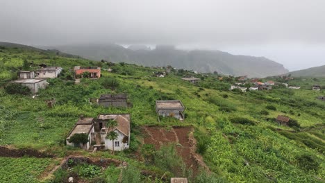 Drone-Shot-of-Village-Homes-and-Farming-Fields-in-Highlands-of-Santiago-Island,-Cape-Verde-60fps