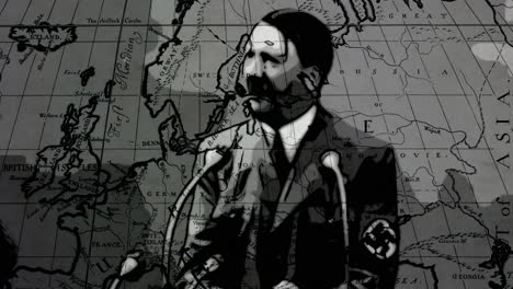 Hitler-En-Blanco-Y-Negro-Al-Estilo-Cómico-Sobre-El-Mapa-De-Europa-De-La-Segunda-Guerra-Mundial