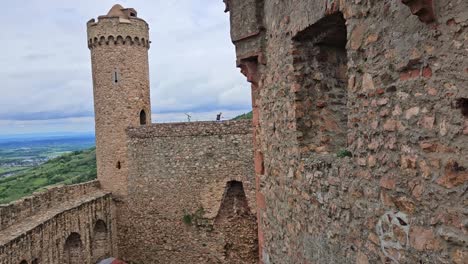 Static-shot-of-old-German-fortress-tower-and-wall-on-overcast-day